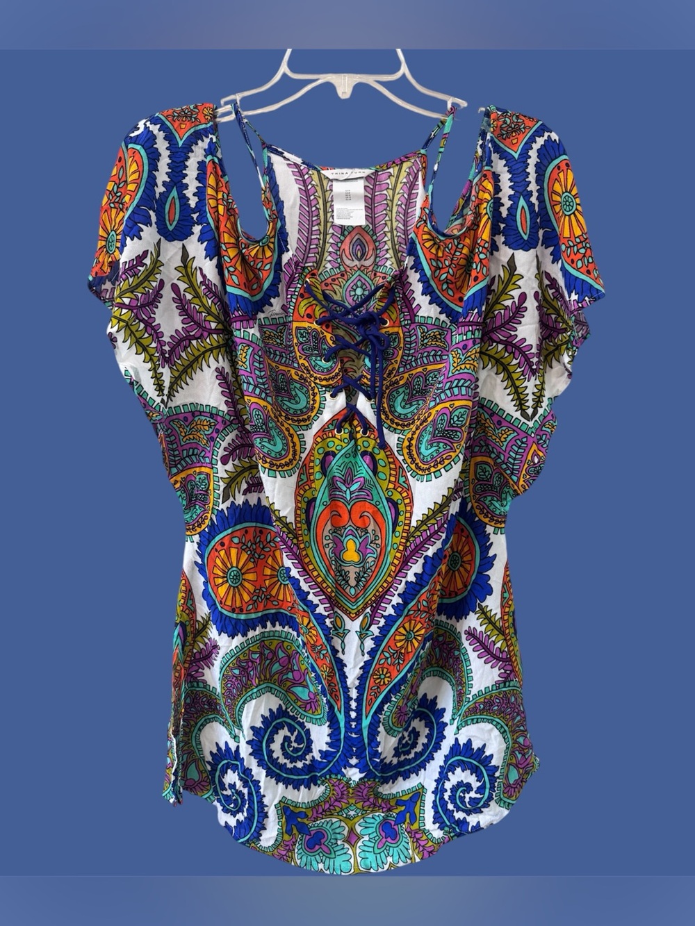 Trina Turk Multicolor Paisley Lace-Up Short Sleeve Cold Shoulder Top Medium